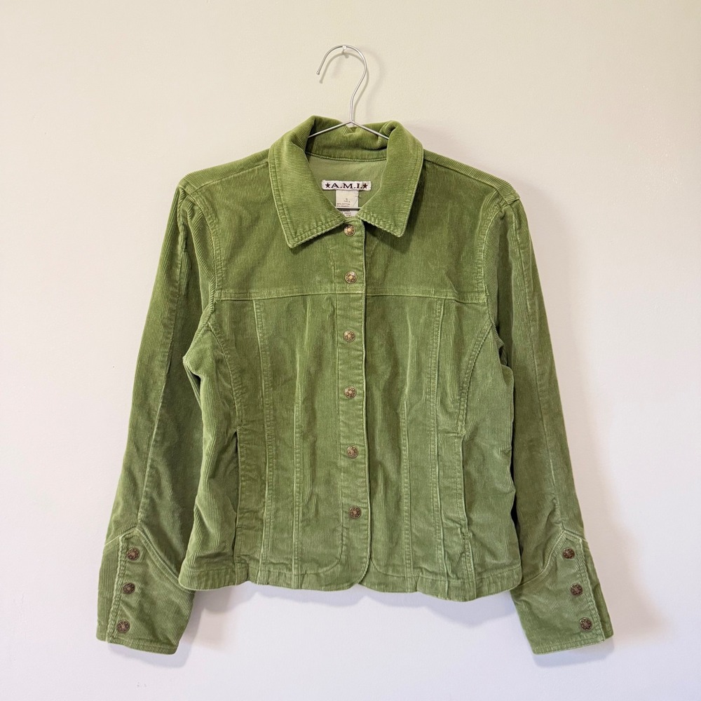 A.M.I. Womens Sage Green Corduroy Button Up Trucker Jacket Size Small 45311